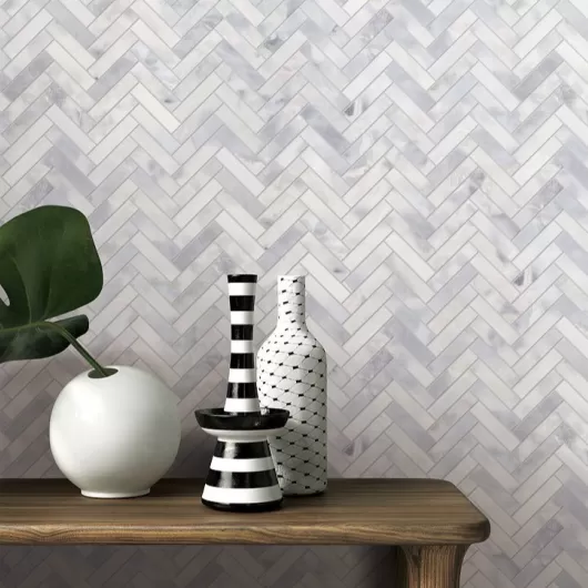 SANTORINI WHITE MARBLE HERRINGBONE 1x4 MOSAIC 625101